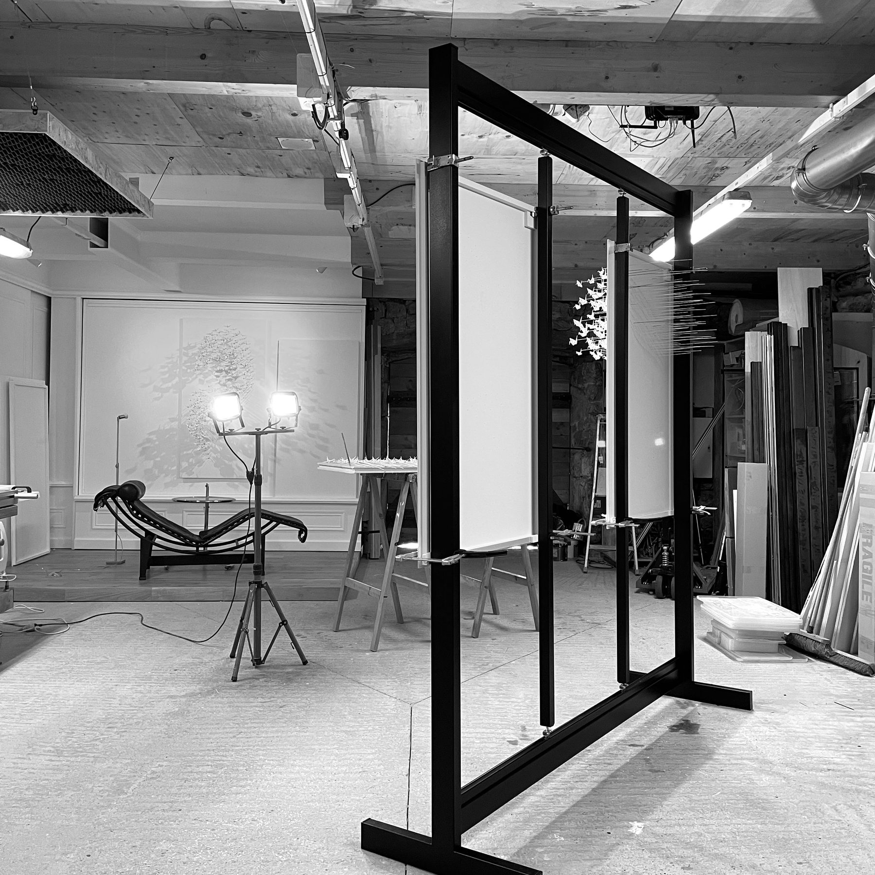 The studio in black and white: a large black frame, spotlights and a Murmuration on the back wall.