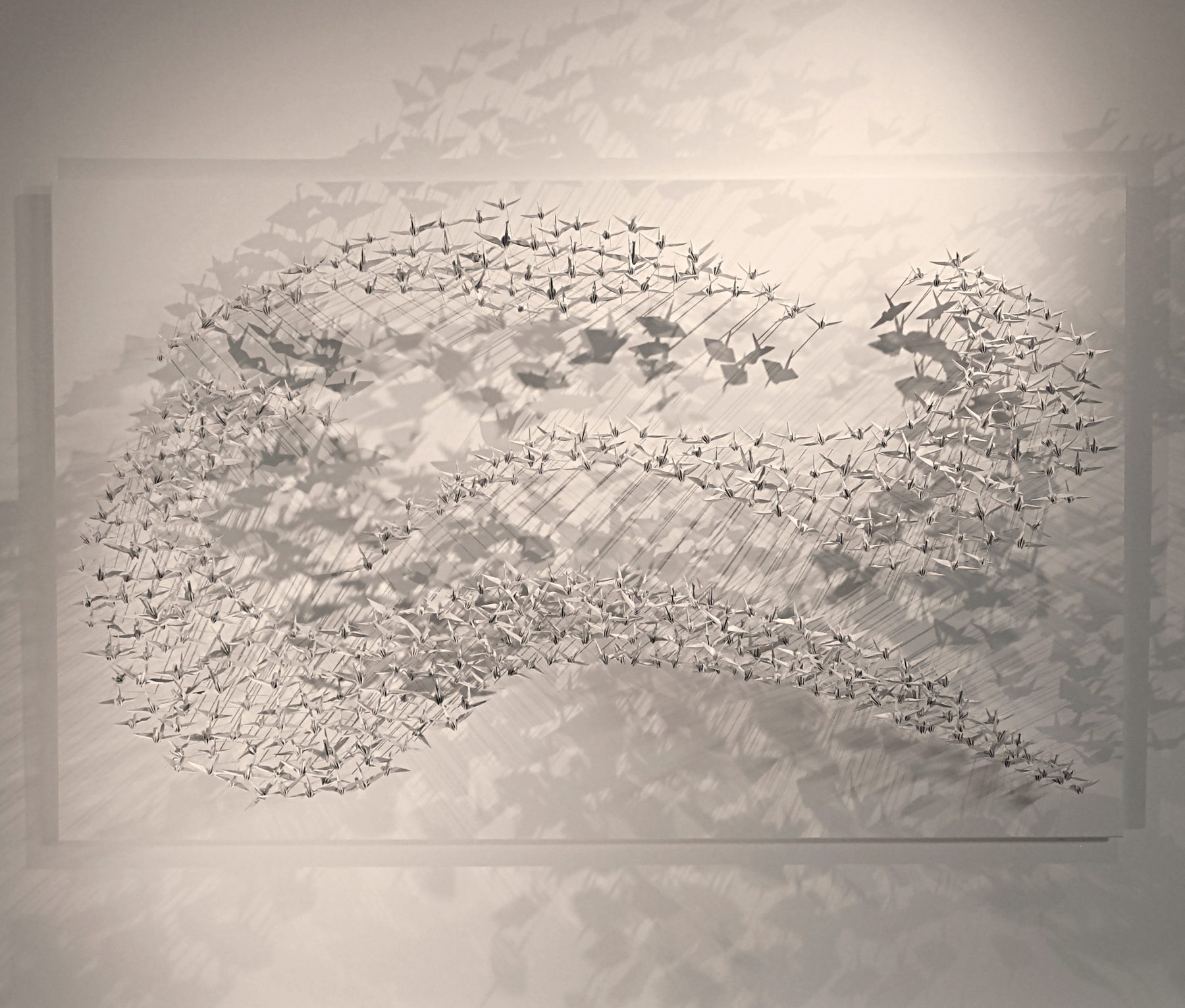 Murmuration 25, flock of white paper cranes on a panel.