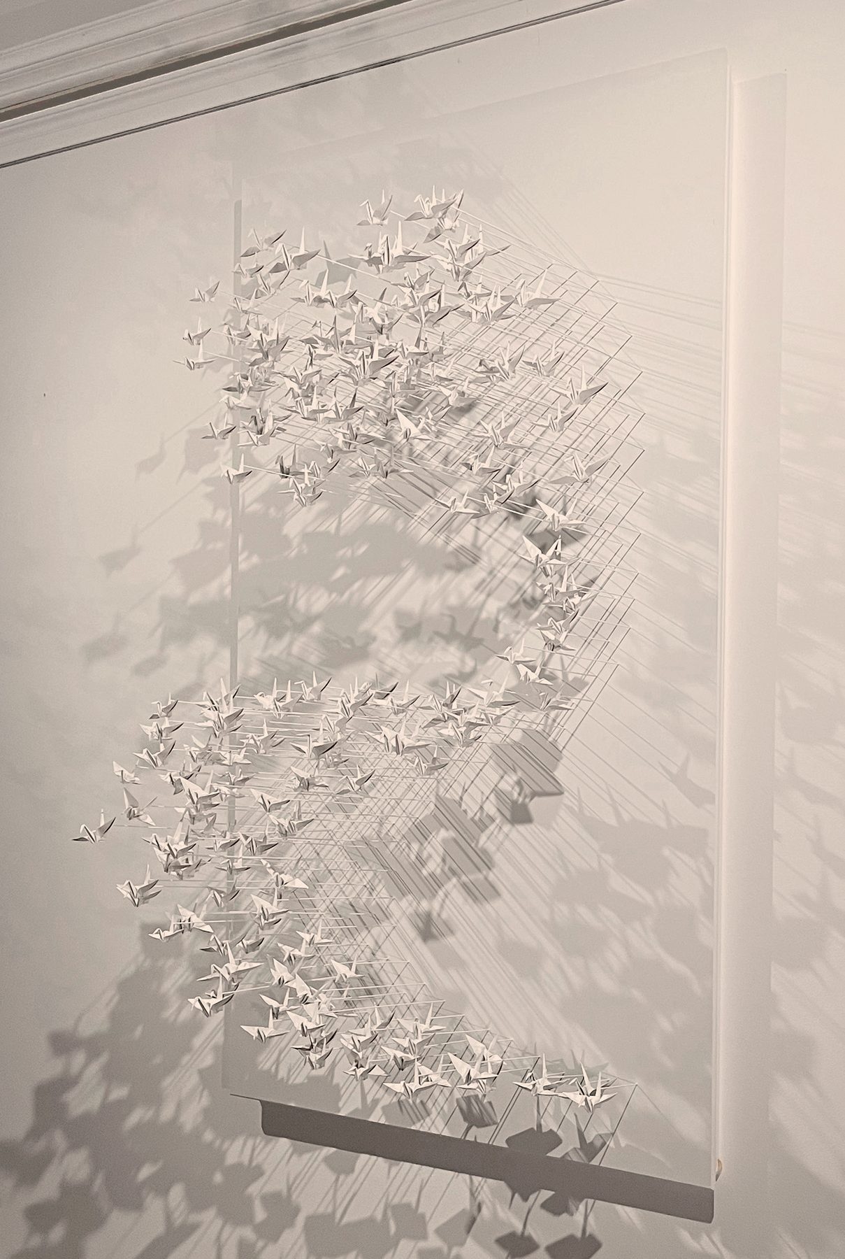 Murmuration 28, flock of white paper cranes on a panel.