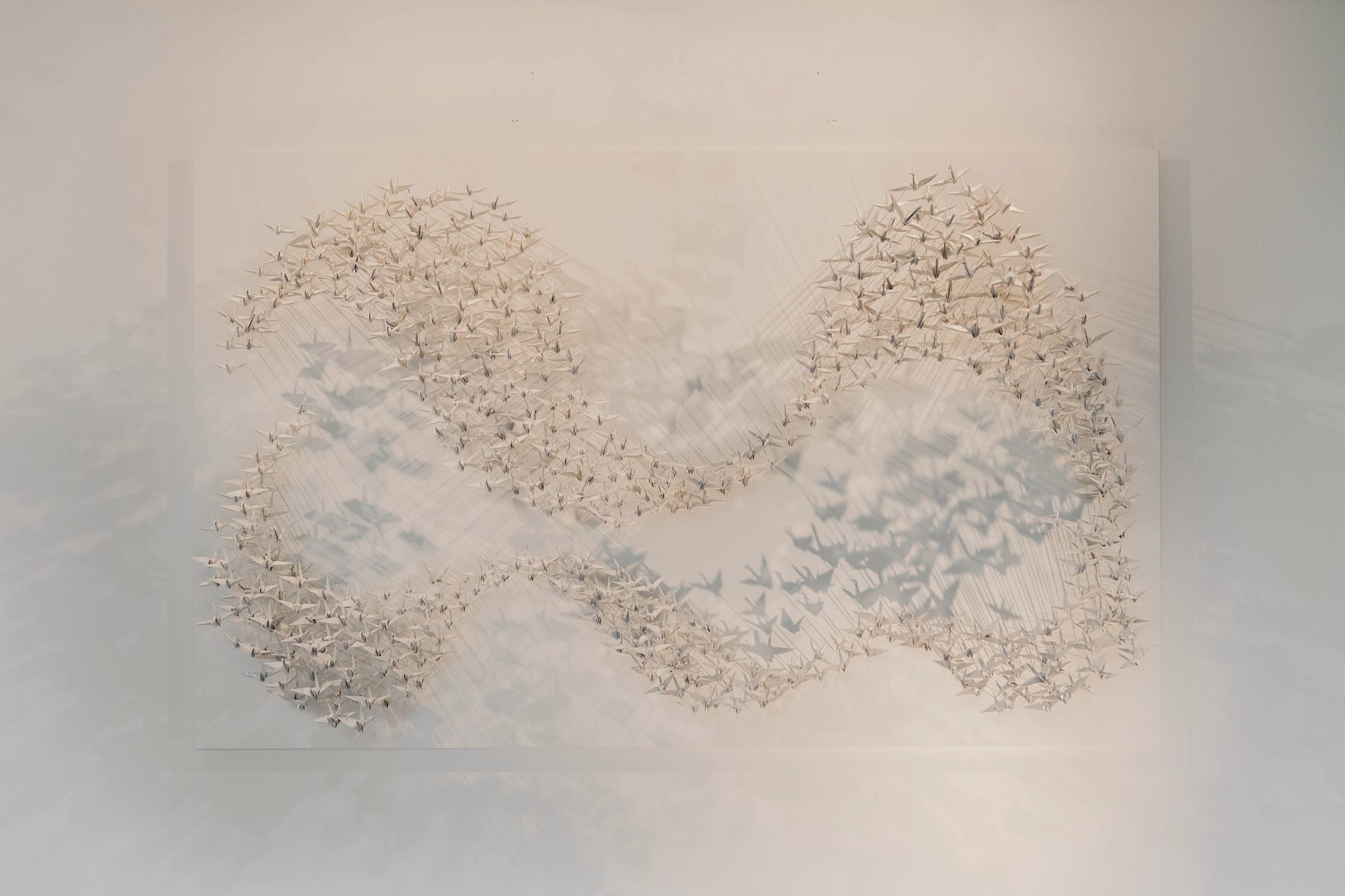 Paper Murmuration: two flocks of white cranes forming a wave on a white panel, with their cast shadows.