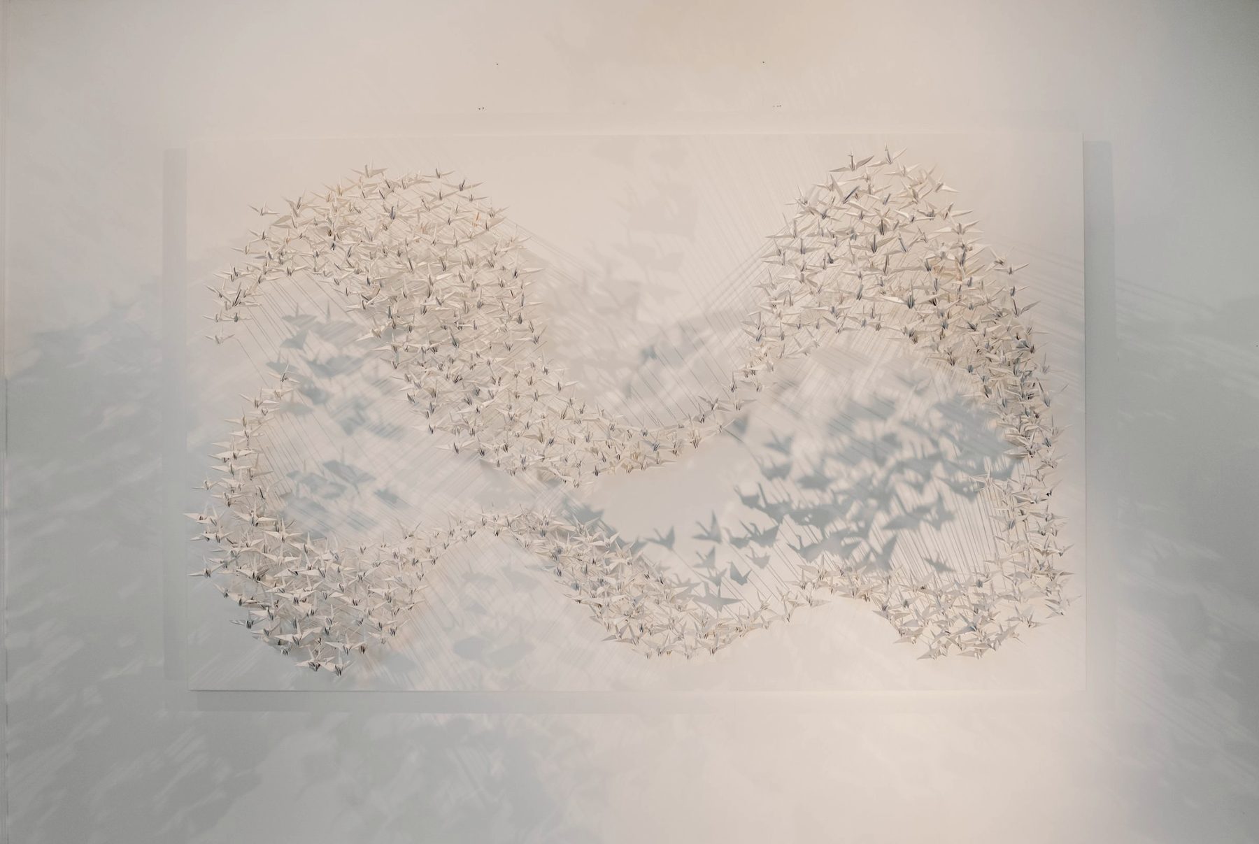 Overall view of a paper Murmuration: two loops of white cranes and their shadows.